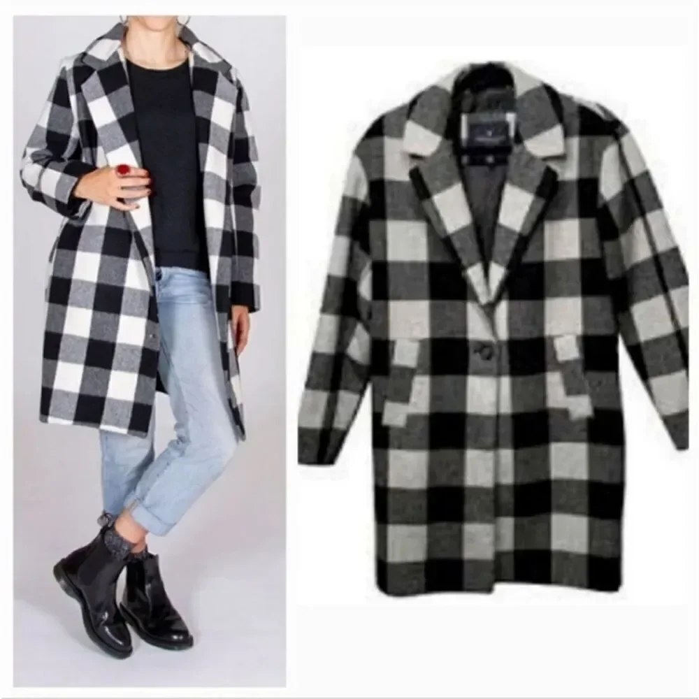 American Eagle Buffalo Plaid Trench Car Coat in Black/Gray Check Size Large